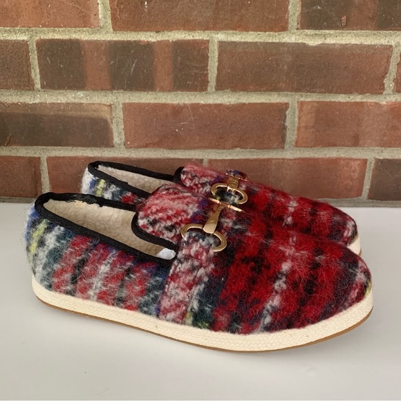 Steve Madden Womens Paxtyn Red plaid Faux Fur slip on flats Shoes US 9 M - Picture 1 of 8